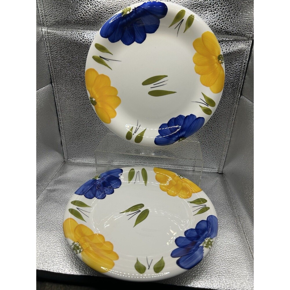 Pair Of Maxam Italy" La Primula" Yellow & Blue Daisy 10.5" Dinner Plates